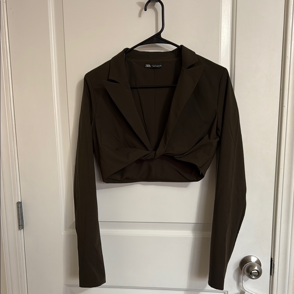 Zara Deep Green Long Sleeve Tie Front Crop Top